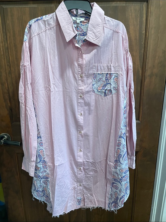 Blue Velvet Dresses & Skirts - Blue Velvet Light Pink Paisley-Trim Long Sleeve Shirt Dress